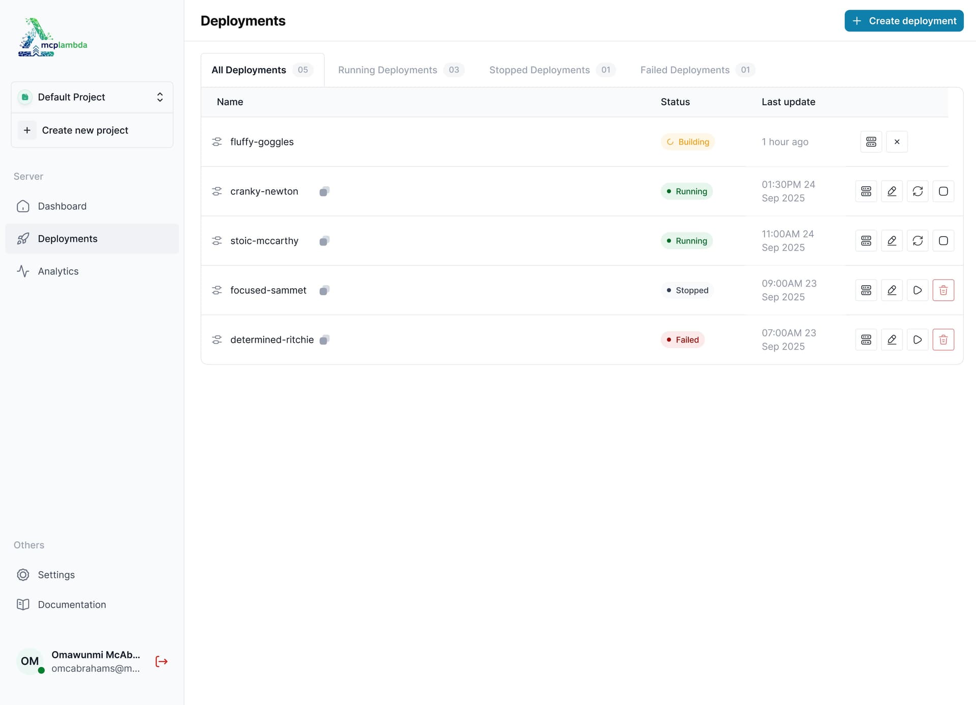 MCPLambda Dashboard showing deployments